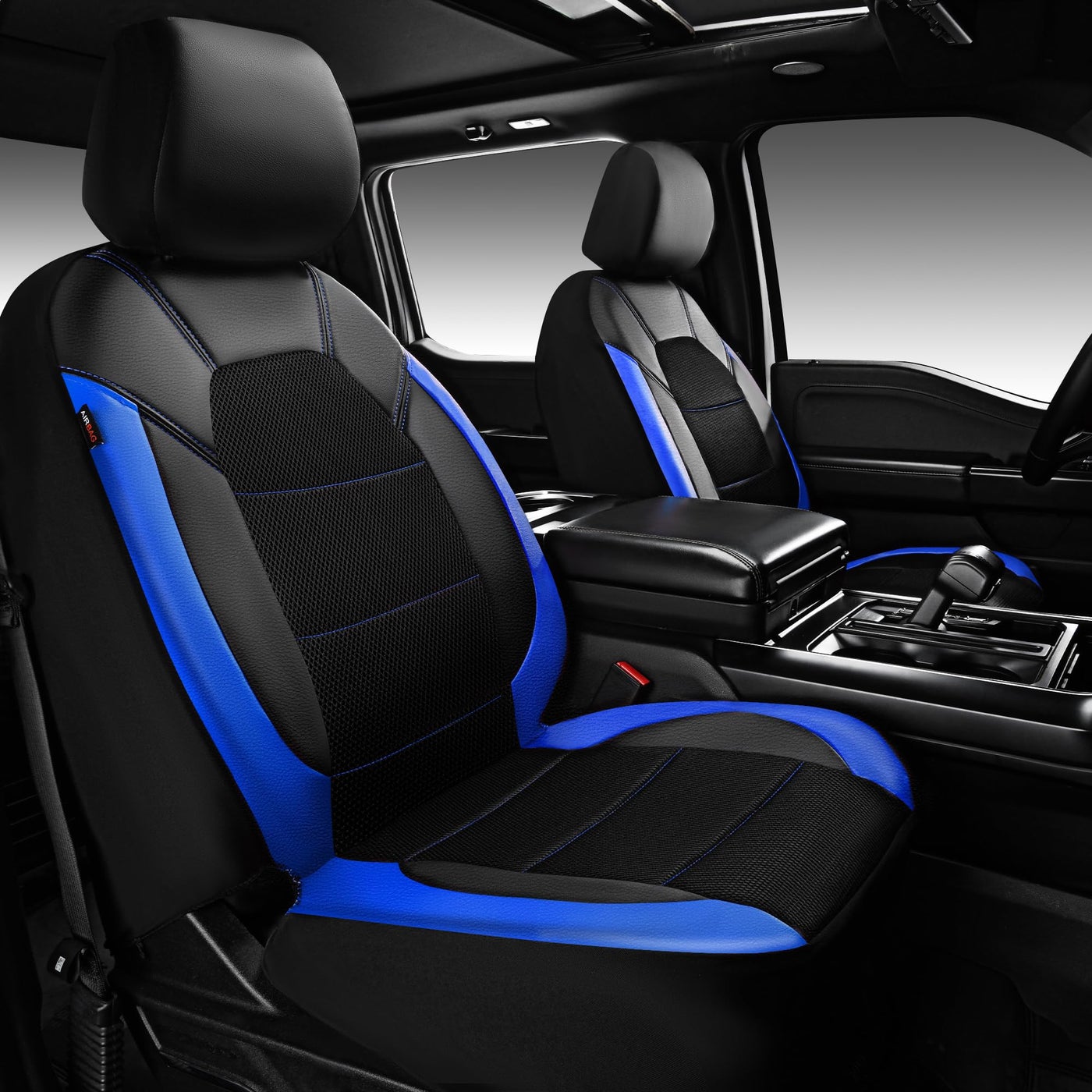 CAR PASS Leather Car Seat Covers Front Seats Only, with Air Mesh Front Seat Covers Breathable, Cool Automotive Seat Cover 2 Pack, Universal Fit Most Cars,SUV,Truck,Van Airbag Compatible(Black & Blue)